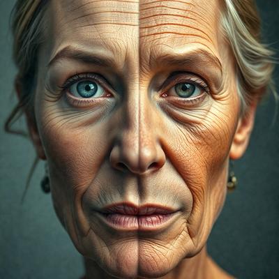 The image features a woman with two faces, one on the left and one on the right side of her face. The two faces are distinct and have different expressions. The woman's face is the primary subject of the image, and the background is a gray surface. The visual style appears to be a digital art or illustration, as the woman's face is depicted in a unique and artistic manner. The colors and mood of the image are somewhat eerie and mysterious, as the two faces seem to be in contrast with